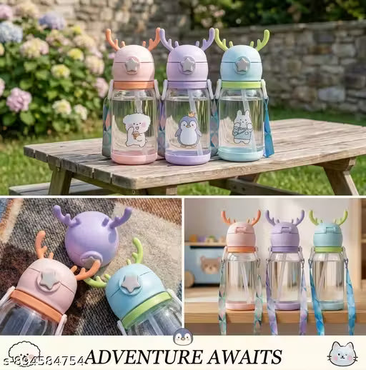 Deer Horn Cartoon Design Sipper Water Bottle for school Kids with Lock cap (Multicolour)(PACK OF 2)