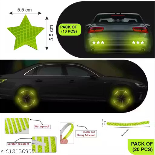 PACK GREEN STAR 10 PCS & RIM RETRO 20 PCS Sign Safety Reflective Decal Tape Waterproof (GREEN)