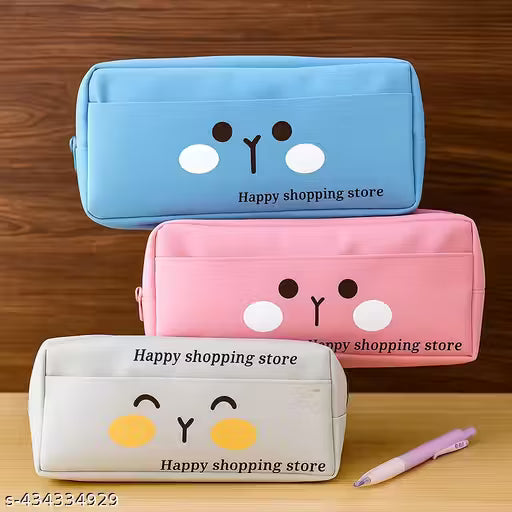 Combo Cute Pencil Case Aesthetic Pencil Case for Girls Large Capacity Pen Pencil Pouch Multifunctional Stationery Case for School(Set of 3, Blue, Pink, White)