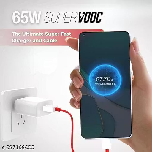 65-Watt Mobile Charger, 65 Watt Fast Charger; Super-Fast Universal Mobile Charger, 65 watt charger, 65 Watt Powerr Adapter Compatible With Supervooc, VOOC, Warp, Dash, SuperDart & Fast Charging with Detachable Red Cable Included