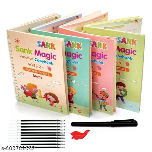 Magic practice Sank Magic Practice Copybook, (4 BOOK + 10 REFILL+ 1 Pen +1 Grip) Number Tracing Book for Preschoolers with Pen, Magic Calligraphy Copybook Set Practical Reusable Writing Tool Simple Hand Lettering