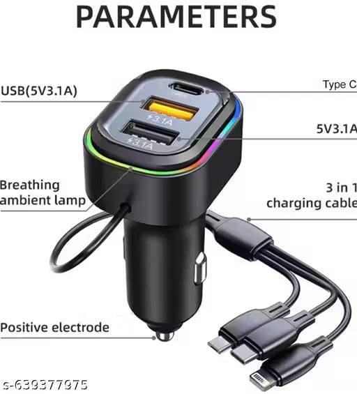 2USB + 1 Type-C Phone Super Fast Charging Adapter 48W Car Charger with 3-in-1 Charging Cable Premium Latest Car Charger Suitable For All Cars