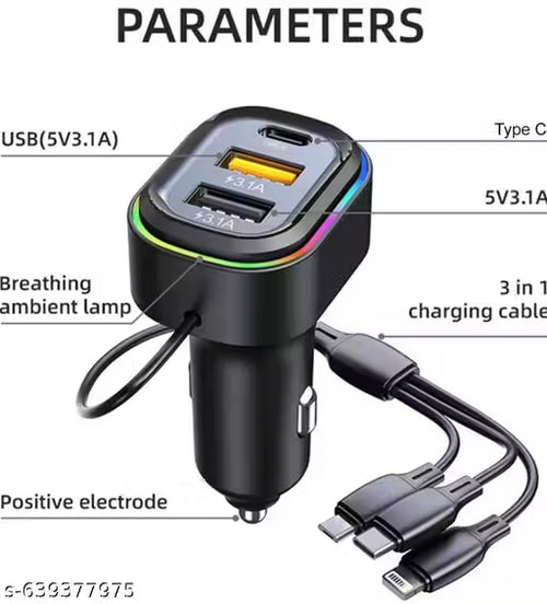 2USB + 1 Type-C Phone Super Fast Charging Adapter 48W Car Charger with 3-in-1 Charging Cable Premium Latest Car Charger Suitable For All Cars