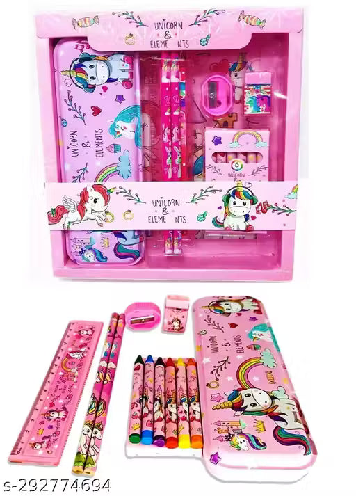 JUST NIDZ Unicorn Stationary Set Unicorn Pencil Box, Pencil Sharpner Eraser Scale Cryon Kit with Mermaid Cartoon 3DEraser Set for Kids Girls Boys Gift Unicorn Gift for Girls