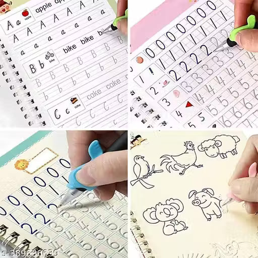 Magic Writing Practice Copybook | Alphabet, Drawing, Math and Number Tracing Book for Preschoolers with Pen | Practical Writing Tool Simple Hand Lettering | Set of 4 Books