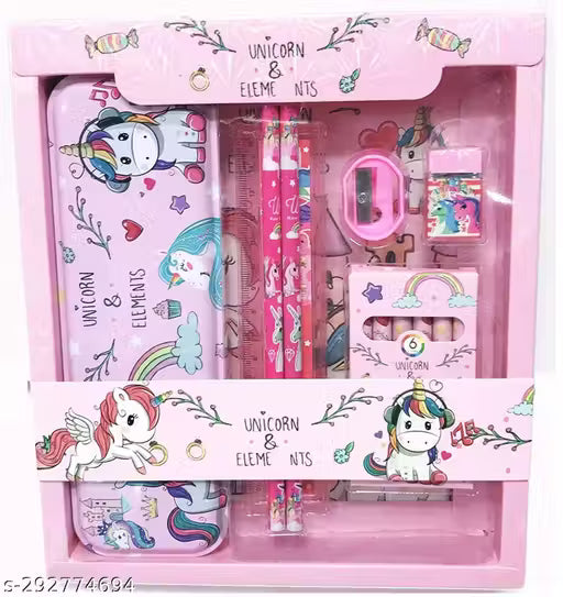 JUST NIDZ Unicorn Stationary Set Unicorn Pencil Box, Pencil Sharpner Eraser Scale Cryon Kit with Mermaid Cartoon 3DEraser Set for Kids Girls Boys Gift Unicorn Gift for Girls