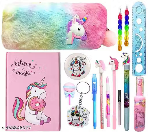 15Pcs Cotton Unicorn Stationery Set For Girls, Return Gifts For Birthday Parties For Kids, Stationery Items, Pencil Box With All Stationary