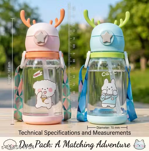 Deer Horn Cartoon Design Sipper Water Bottle for school Kids with Lock cap (Multicolour)(PACK OF 2)