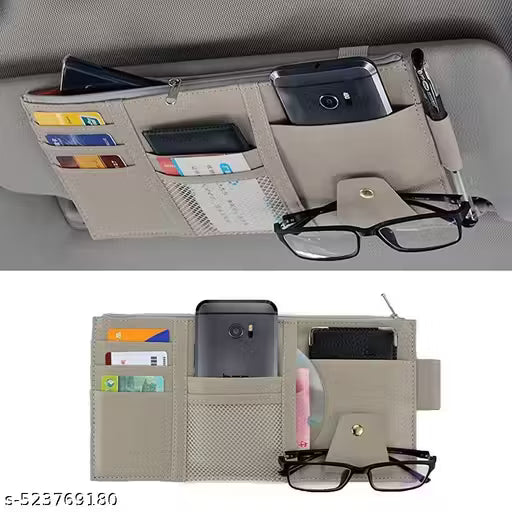 Car Sun Visor Organizer | Sunglass Pen Card Small Document Storage Pouch Holder | Multi-Function Car Space Car Accessories Auto Interior | Car Storage Organizer Pockets with Zipper Net (Grey) (po1)