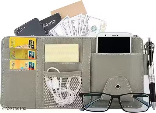 Car Sun Visor Organizer | Sunglass Pen Card Small Document Storage Pouch Holder | Multi-Function Car Space Car Accessories Auto Interior | Car Storage Organizer Pockets with Zipper Net (Grey) (po1)