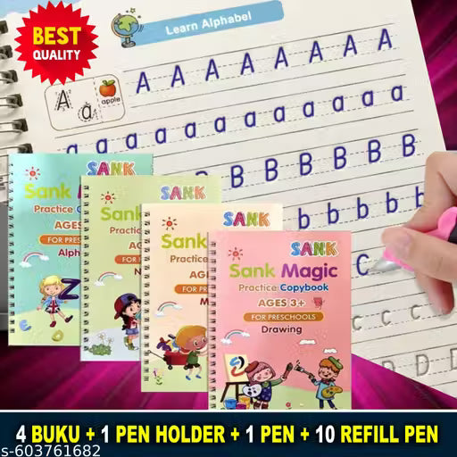 Magic practice Sank Magic Practice Copybook, (4 BOOK + 10 REFILL+ 1 Pen +1 Grip) Number Tracing Book for Preschoolers with Pen, Magic Calligraphy Copybook Set Practical Reusable Writing Tool Simple Hand Lettering