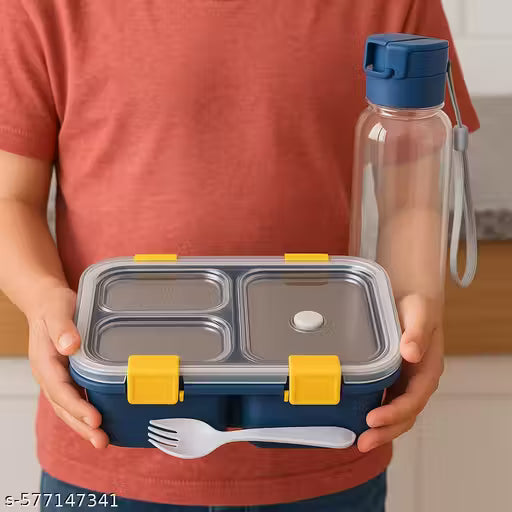 KICHSTORE Lunch Box with Bottle, Blue, 700ml, 3 Container Lunch Box for Kids | Plastic Insulated Lunch Box with Veg Box | Leak-Proof Air Tight Container Tiffin Box for Kids | Ideal for School & Picnic BLUE COLOUR