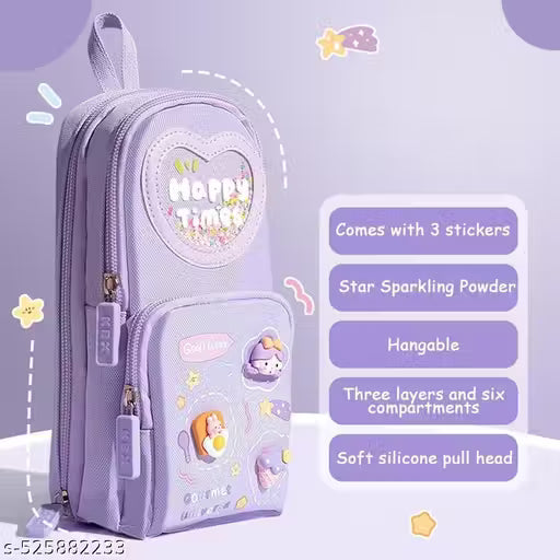 KITCHENNETIC Pencil Case 3 Compartment Cute Pencil Case Aesthetic Pencil Case for Girls Large Capacity Pen Pencil Pouch Multifunctional Stationery Organizer for School Office (Happy Time)