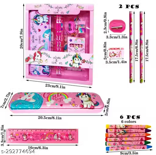 JUST NIDZ Unicorn Stationary Set Unicorn Pencil Box, Pencil Sharpner Eraser Scale Cryon Kit with Mermaid Cartoon 3DEraser Set for Kids Girls Boys Gift Unicorn Gift for Girls