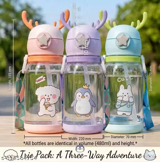 Deer Horn Cartoon Design Sipper Water Bottle for school Kids with Lock cap (Multicolour)(PACK OF 2)