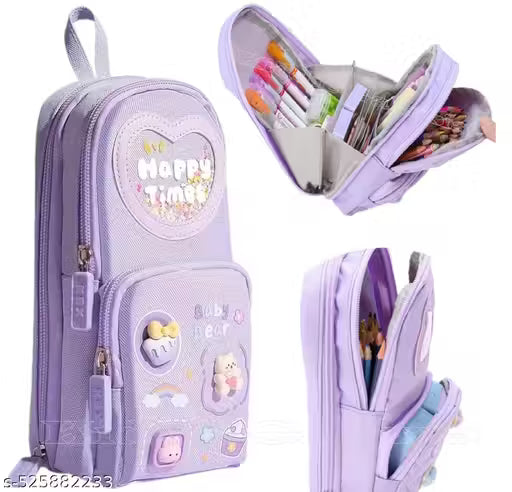 KITCHENNETIC Pencil Case 3 Compartment Cute Pencil Case Aesthetic Pencil Case for Girls Large Capacity Pen Pencil Pouch Multifunctional Stationery Organizer for School Office (Happy Time)