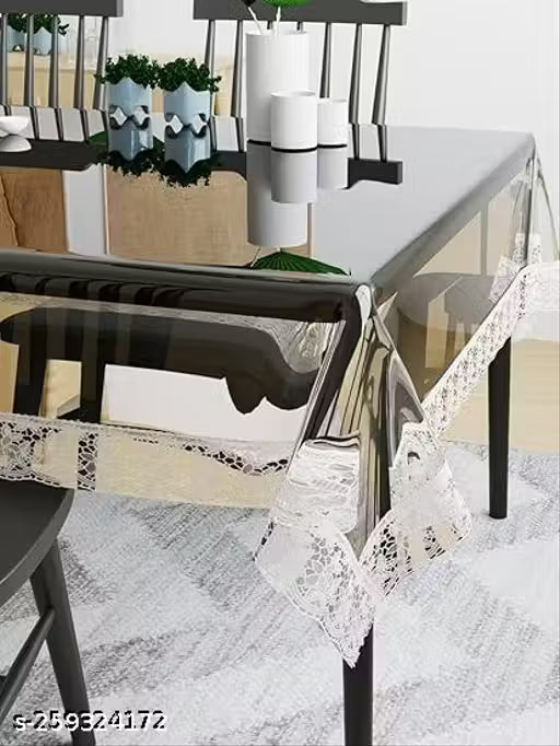 LALA HATHRASI Polyvinyl Chloride Durable Bordered Wipe Clean Oil Spill-Proof Waterproof Stain-Resistant Rectangular 6 Seater Dining Table Cover (Golden Lace, Transparent, 54x78)