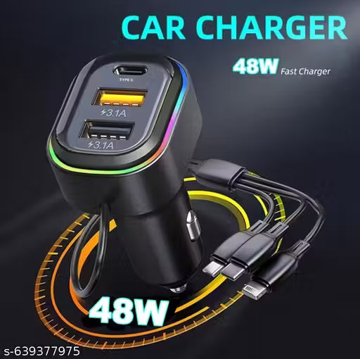 2USB + 1 Type-C Phone Super Fast Charging Adapter 48W Car Charger with 3-in-1 Charging Cable Premium Latest Car Charger Suitable For All Cars
