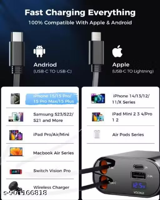 120watt Fast Car Charger (2026 New Version) with 80CM Retractable Type-C Charging for 5 Devices – Universal Car Mobile Charger for All Smartphones & Tabletts Car Charger