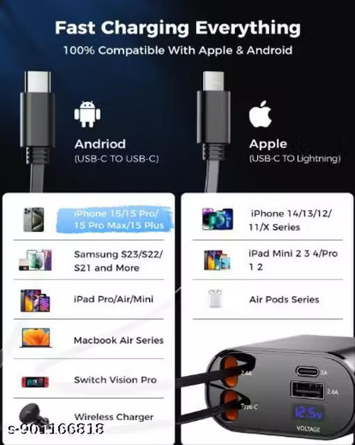 120watt Fast Car Charger (2026 New Version) with 80CM Retractable Type-C Charging for 5 Devices – Universal Car Mobile Charger for All Smartphones & Tabletts Car Charger