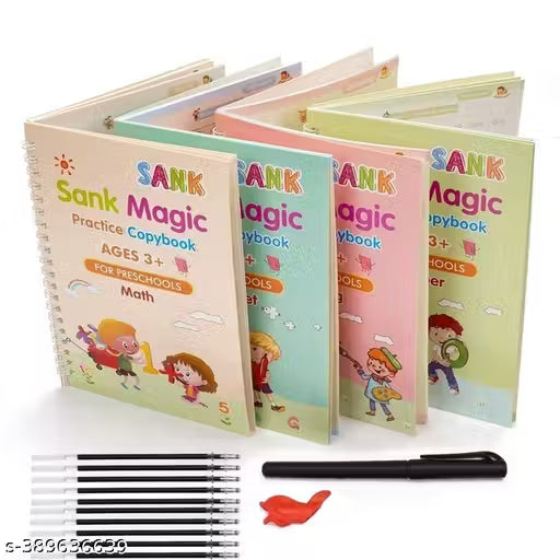 Magic Writing Practice Copybook | Alphabet, Drawing, Math and Number Tracing Book for Preschoolers with Pen | Practical Writing Tool Simple Hand Lettering | Set of 4 Books