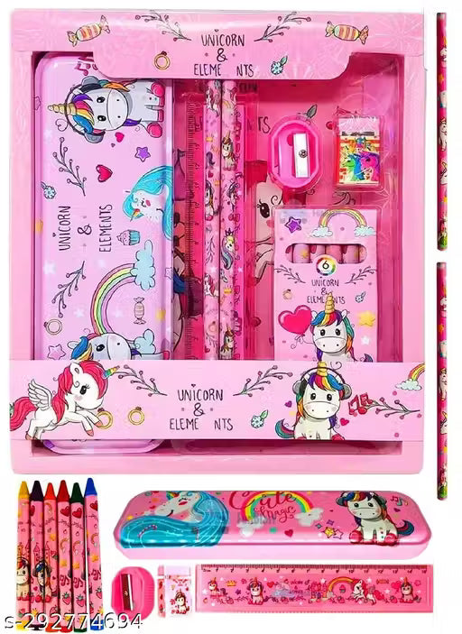 JUST NIDZ Unicorn Stationary Set Unicorn Pencil Box, Pencil Sharpner Eraser Scale Cryon Kit with Mermaid Cartoon 3DEraser Set for Kids Girls Boys Gift Unicorn Gift for Girls
