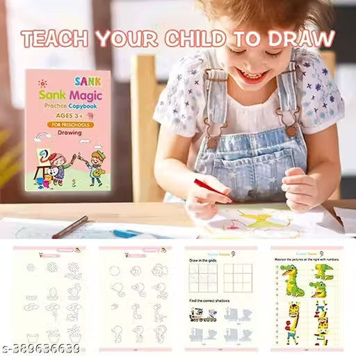 Magic Writing Practice Copybook | Alphabet, Drawing, Math and Number Tracing Book for Preschoolers with Pen | Practical Writing Tool Simple Hand Lettering | Set of 4 Books