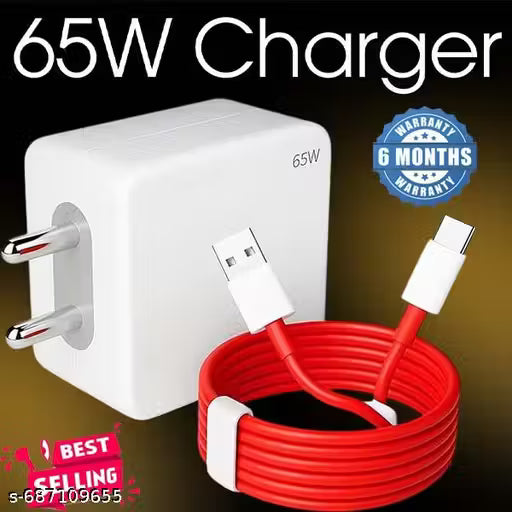 65-Watt Mobile Charger, 65 Watt Fast Charger; Super-Fast Universal Mobile Charger, 65 watt charger, 65 Watt Powerr Adapter Compatible With Supervooc, VOOC, Warp, Dash, SuperDart & Fast Charging with Detachable Red Cable Included