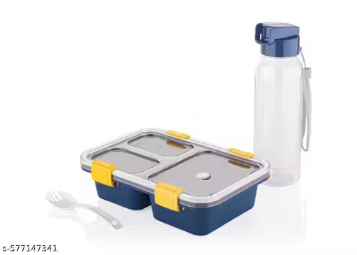 KICHSTORE Lunch Box with Bottle, Blue, 700ml, 3 Container Lunch Box for Kids | Plastic Insulated Lunch Box with Veg Box | Leak-Proof Air Tight Container Tiffin Box for Kids | Ideal for School & Picnic BLUE COLOUR