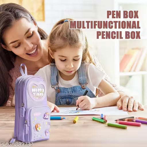 KITCHENNETIC Pencil Case 3 Compartment Cute Pencil Case Aesthetic Pencil Case for Girls Large Capacity Pen Pencil Pouch Multifunctional Stationery Organizer for School Office (Happy Time)