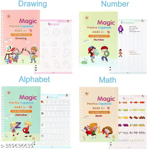 Magic Writing Practice Copybook | Alphabet, Drawing, Math and Number Tracing Book for Preschoolers with Pen | Practical Writing Tool Simple Hand Lettering | Set of 4 Books