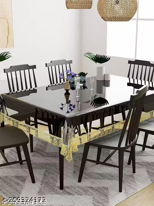 LALA HATHRASI Polyvinyl Chloride Durable Bordered Wipe Clean Oil Spill-Proof Waterproof Stain-Resistant Rectangular 6 Seater Dining Table Cover (Golden Lace, Transparent, 54x78)